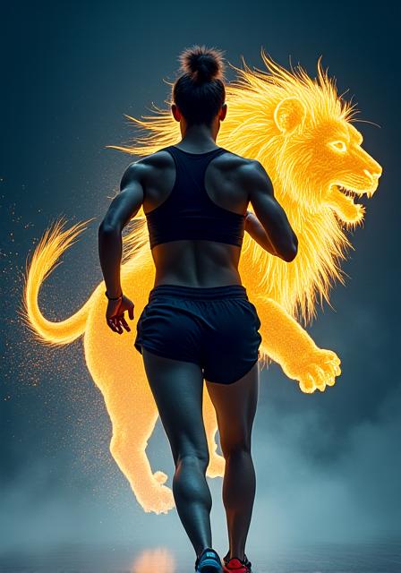 Dynamic image of an athlete in motion fused with abstract Nemean lion graphic