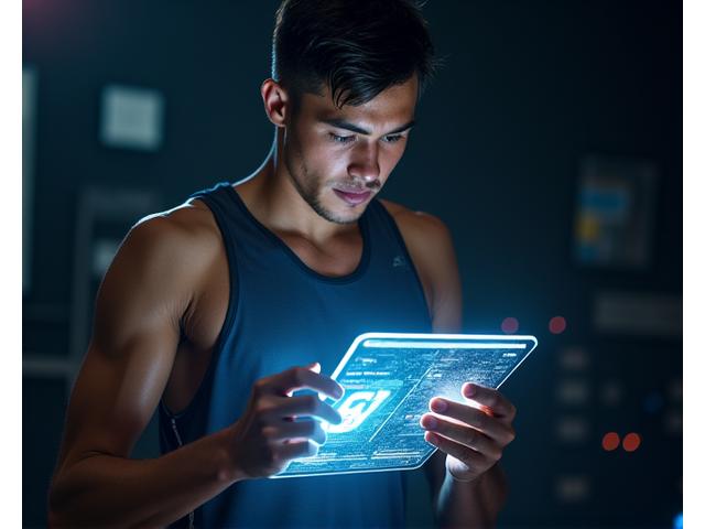 Athlete looking at a tablet with data analysis, representing personalized experience and performance.