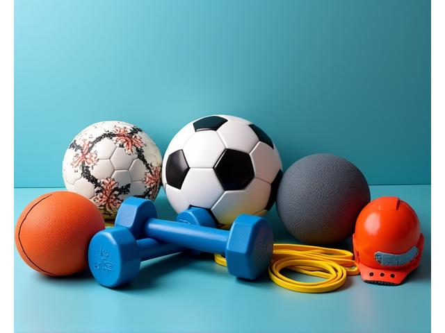 Diverse sports equipment: weights, balls, protective gear
